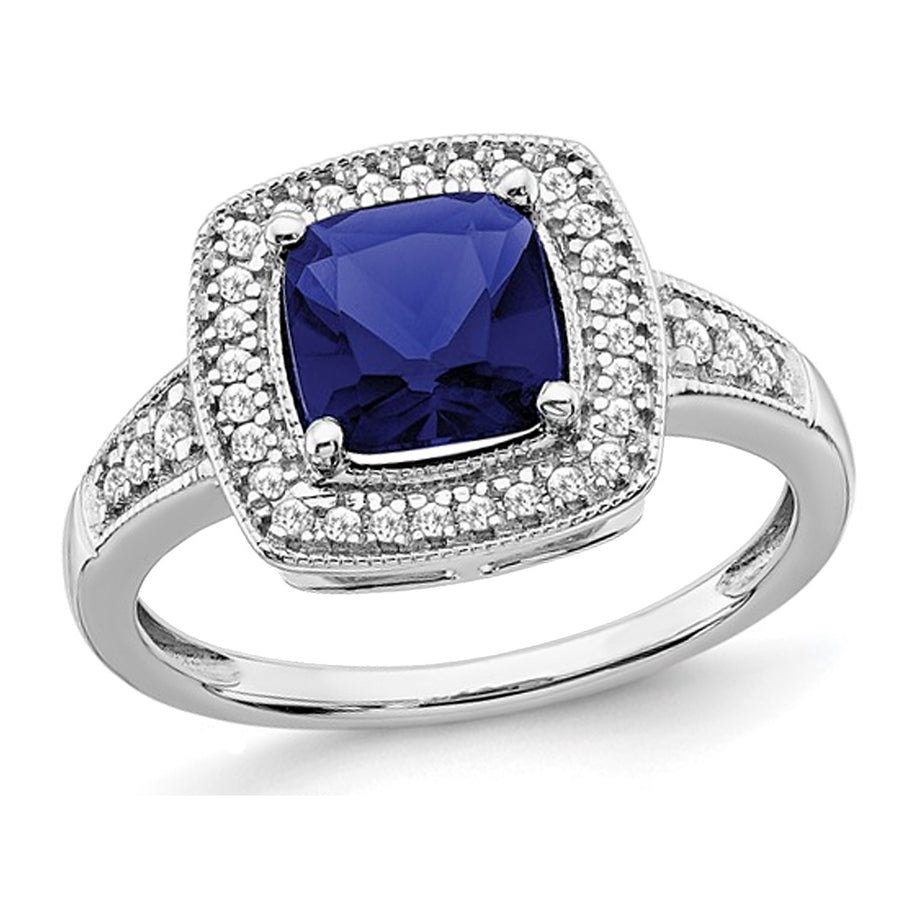 1.30 Carat (ctw) Lab-Created Blue Sapphire Ring in 14K White Gold with Diamonds Image 1