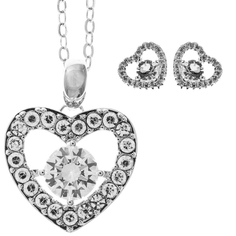 18K White Gold Plated Stud Centered Heart Earrings and Necklace set with fine Crystals by Matashi Image 1