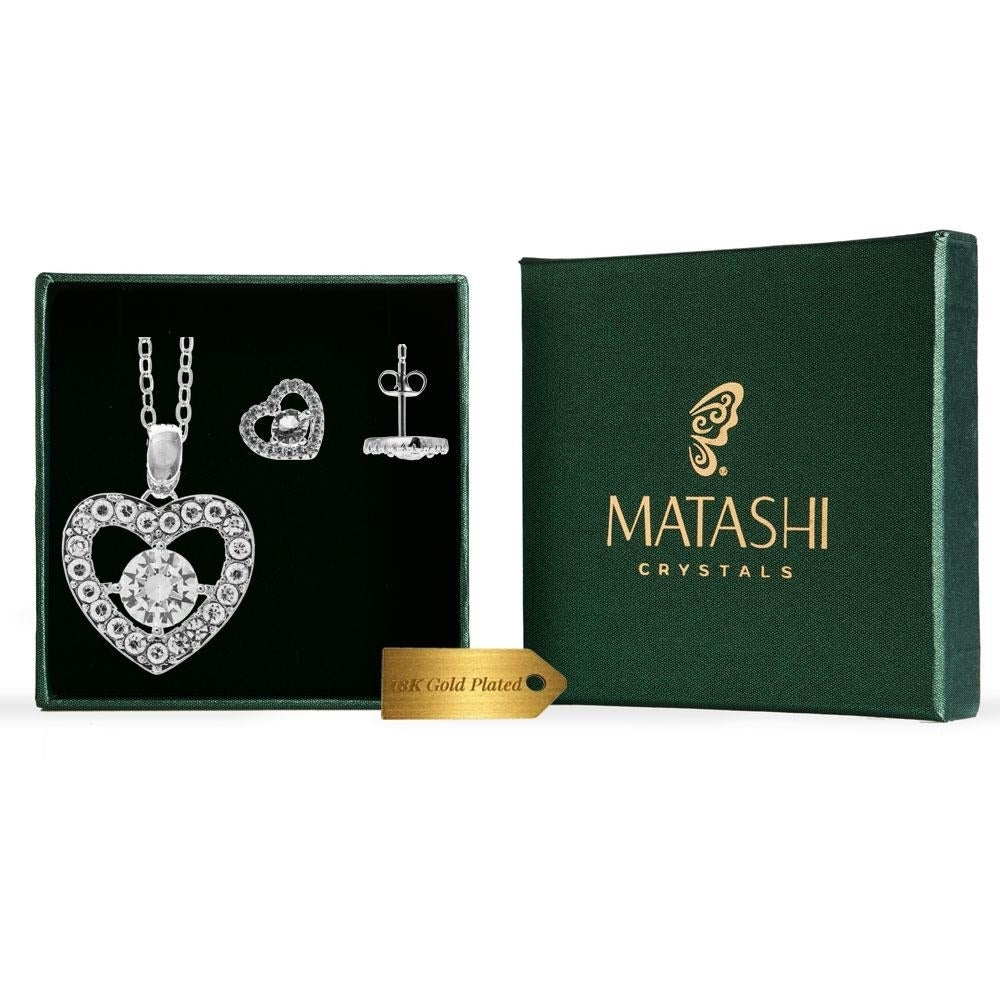 18K White Gold Plated Stud Centered Heart Earrings and Necklace set with fine Crystals by Matashi Image 2