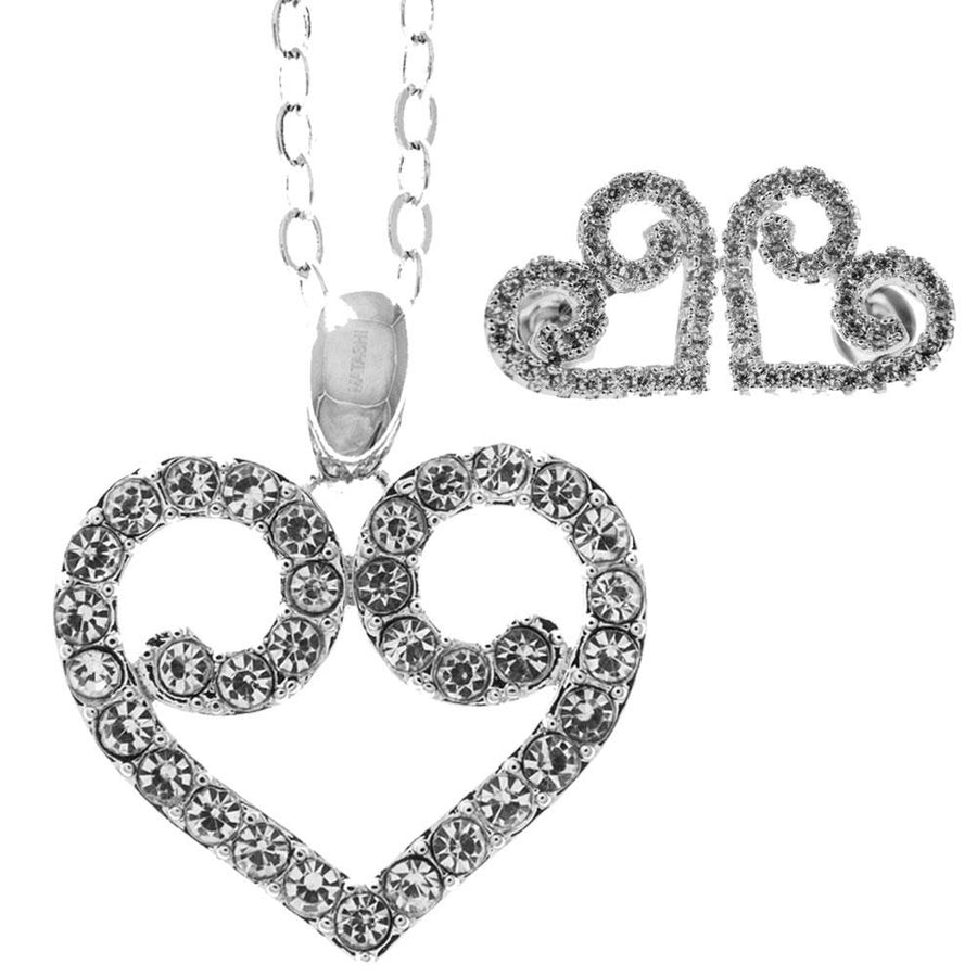 18K White Gold Plated Swirling Heart Stud Earrings and necklace set with fine Crystals by Matashi Image 1