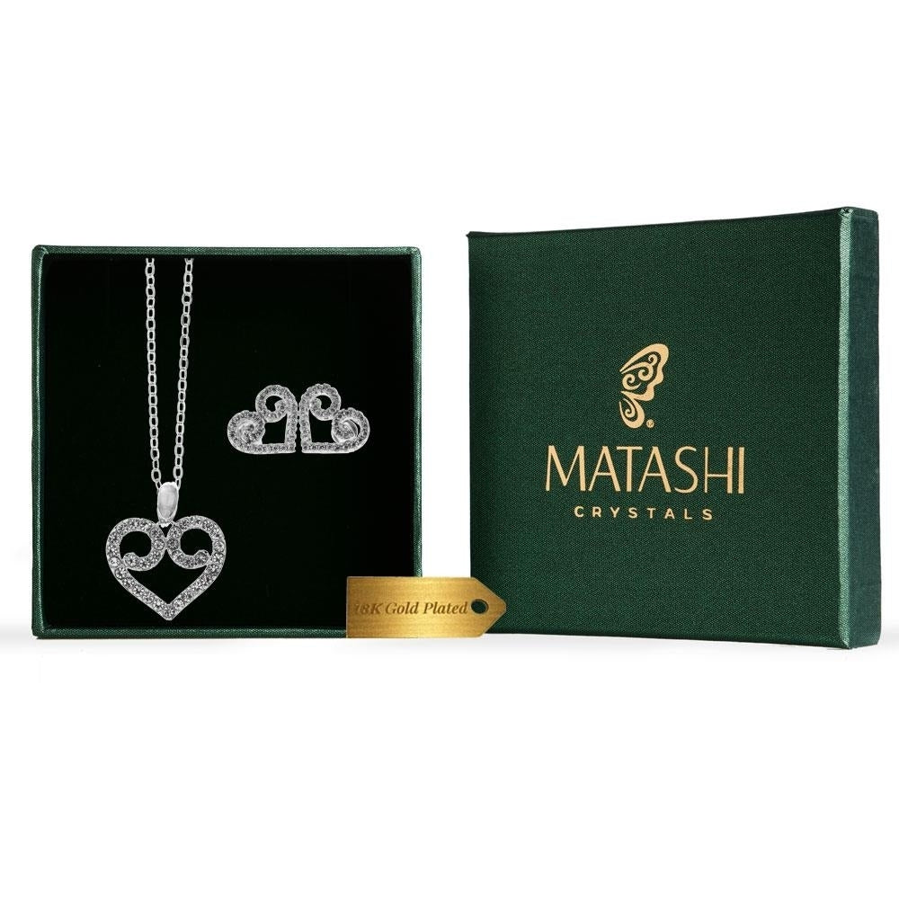18K White Gold Plated Swirling Heart Stud Earrings and necklace set with fine Crystals by Matashi Image 2