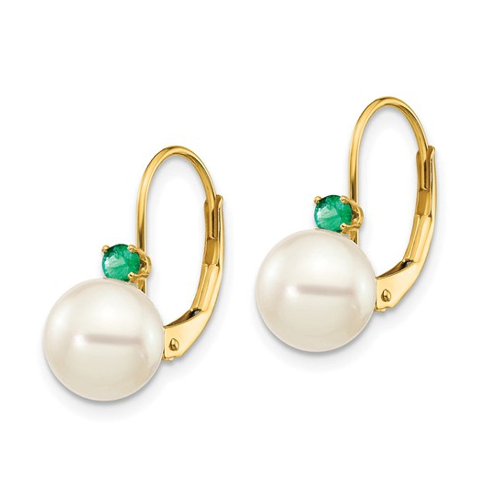 14K Yellow Gold Freshwater Cultured White Pearl 7mm Leverback Earrings with Natural Emeralds Image 4