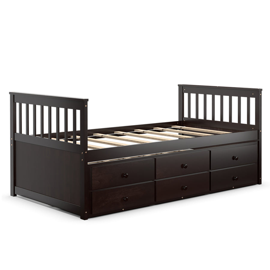 Twin Captains Bed Bunk Bed Alternative w/ Trundle and Drawers for Kids WalnutEspressoWhite Image 1