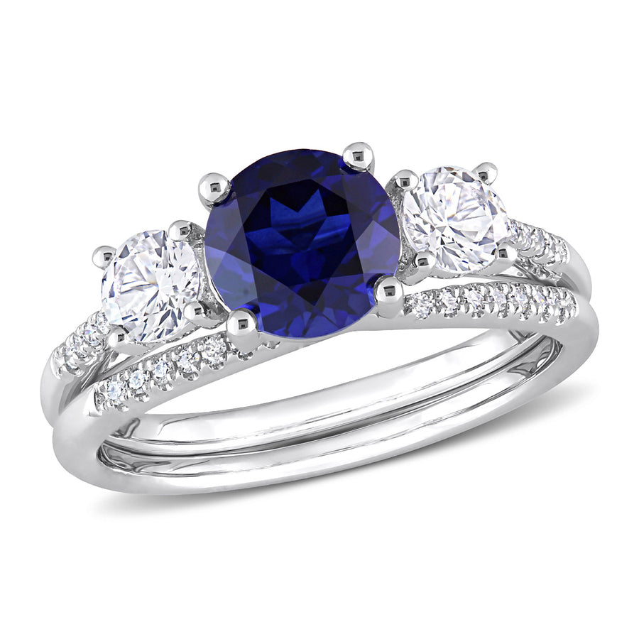 1.60 Carat (ctw) Lab-Created Blue Sapphire Engagement Ring and Bridal Wedding Set with Diamonds 10K White Gold Image 1