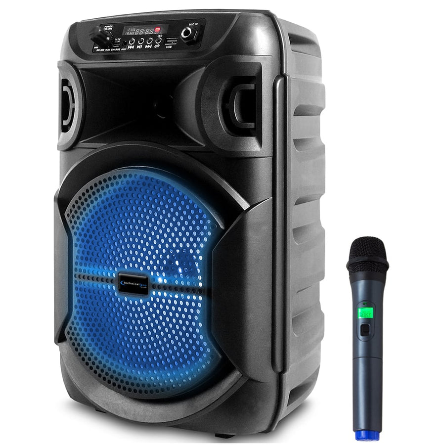 Technical Pro 8" Portable 800 W Bluetooth Speaker w/ Woofer and Tweeter and UHF Wireless Handheld Microphone w/ USB Image 1