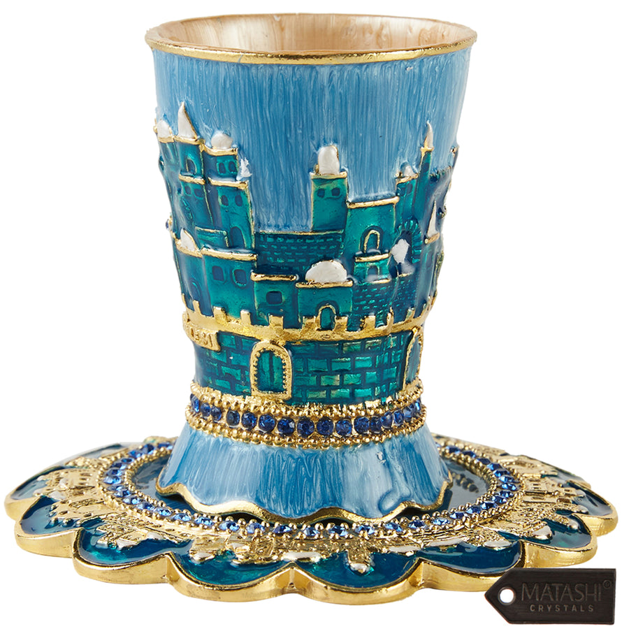 Matashi Hand-Painted Enamel Kiddush Cup Set w Tray w Crystals and Jerusalem Cityscape Design for Shabbat Goblet Judaica Image 1