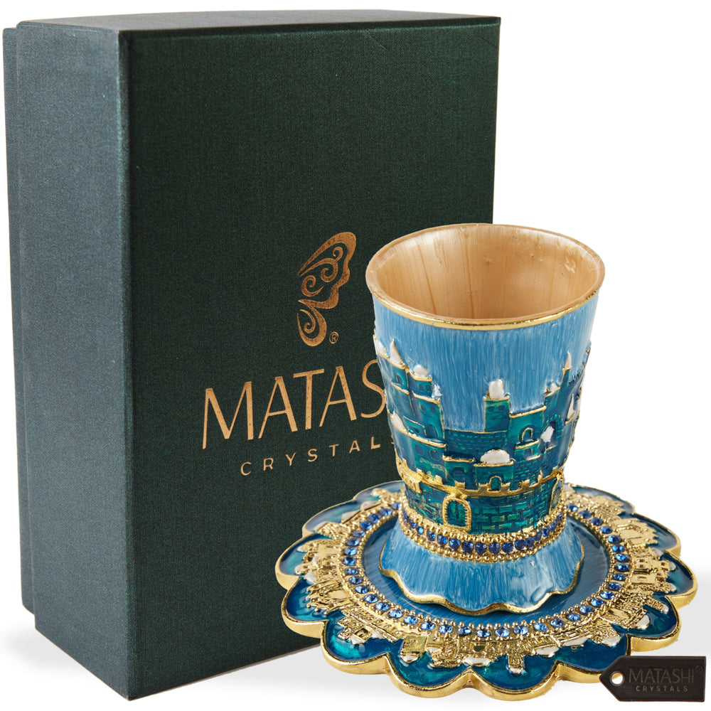 Matashi Hand-Painted Enamel Kiddush Cup Set w Tray w Crystals and Jerusalem Cityscape Design for Shabbat Goblet Judaica Image 2