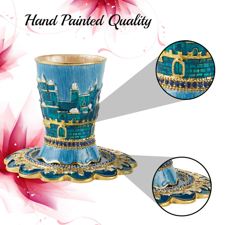 Matashi Hand-Painted Enamel Kiddush Cup Set w Tray w Crystals and Jerusalem Cityscape Design for Shabbat Goblet Judaica Image 4