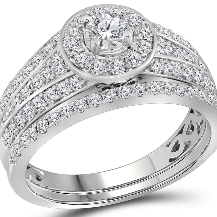1.00 Carat (ctw H-II1-I2) Diamond Engagement Halo Ring Wedding Set in 14K White Gold Image 1