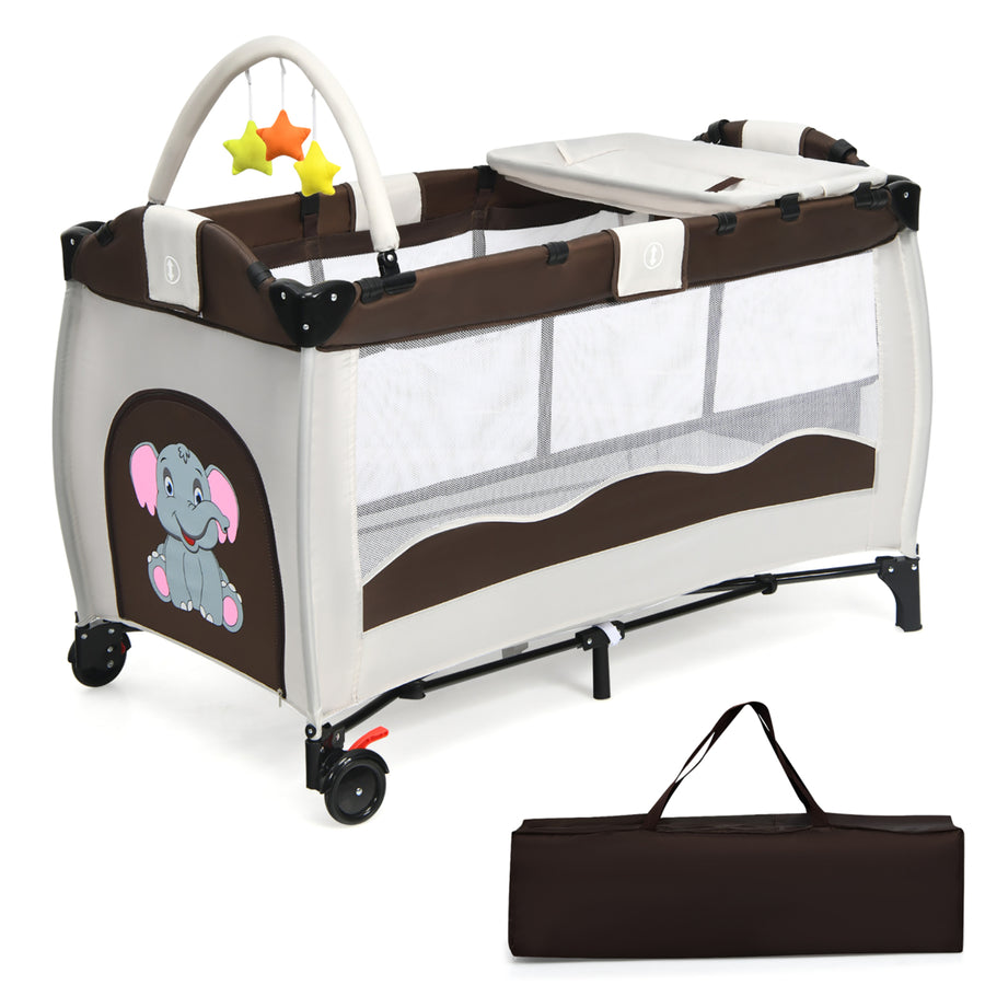 Costway Coffee Baby Crib Playpen Playard Pack Travel Infant Bassinet Bed Foldable Image 1
