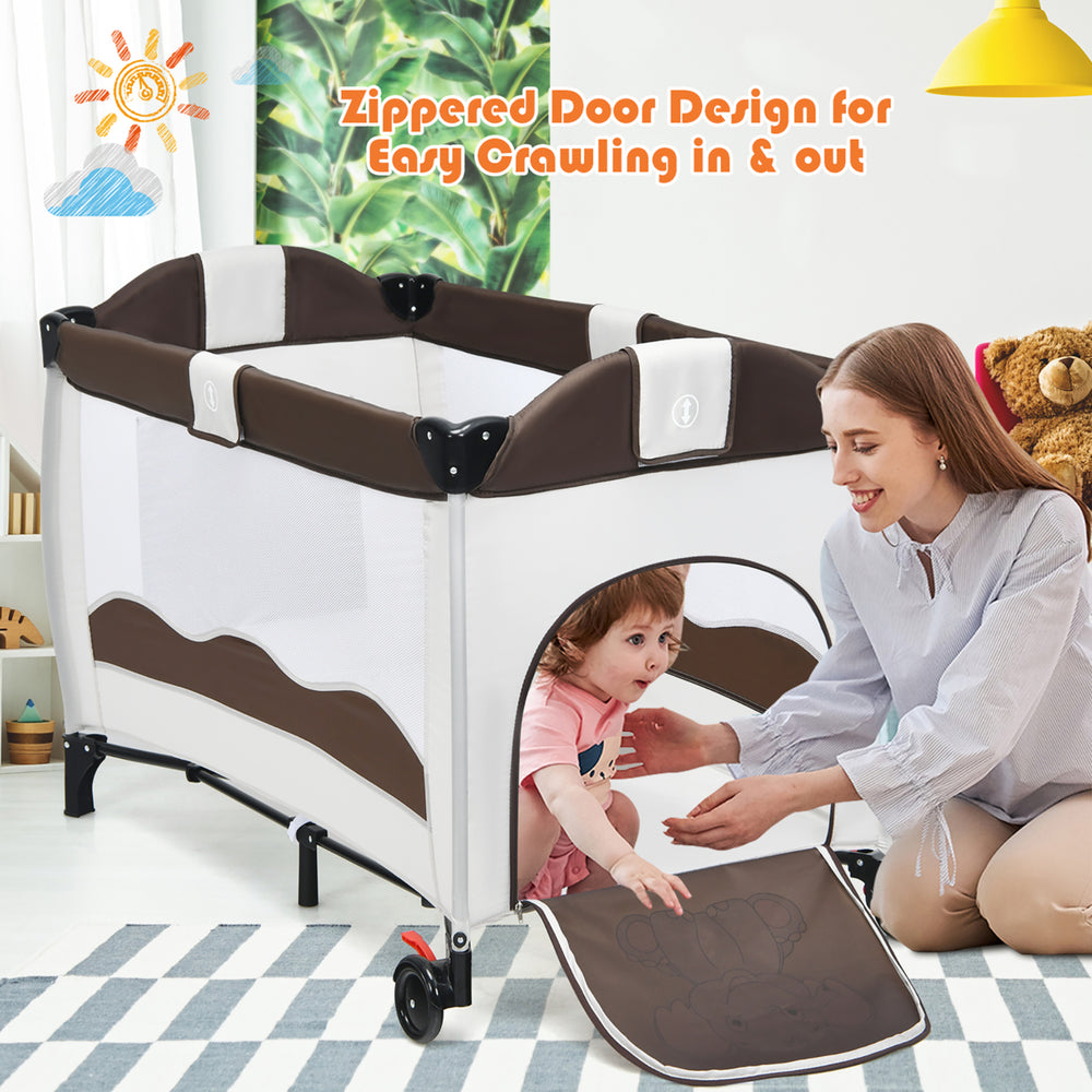 Costway Coffee Baby Crib Playpen Playard Pack Travel Infant Bassinet Bed Foldable Image 2