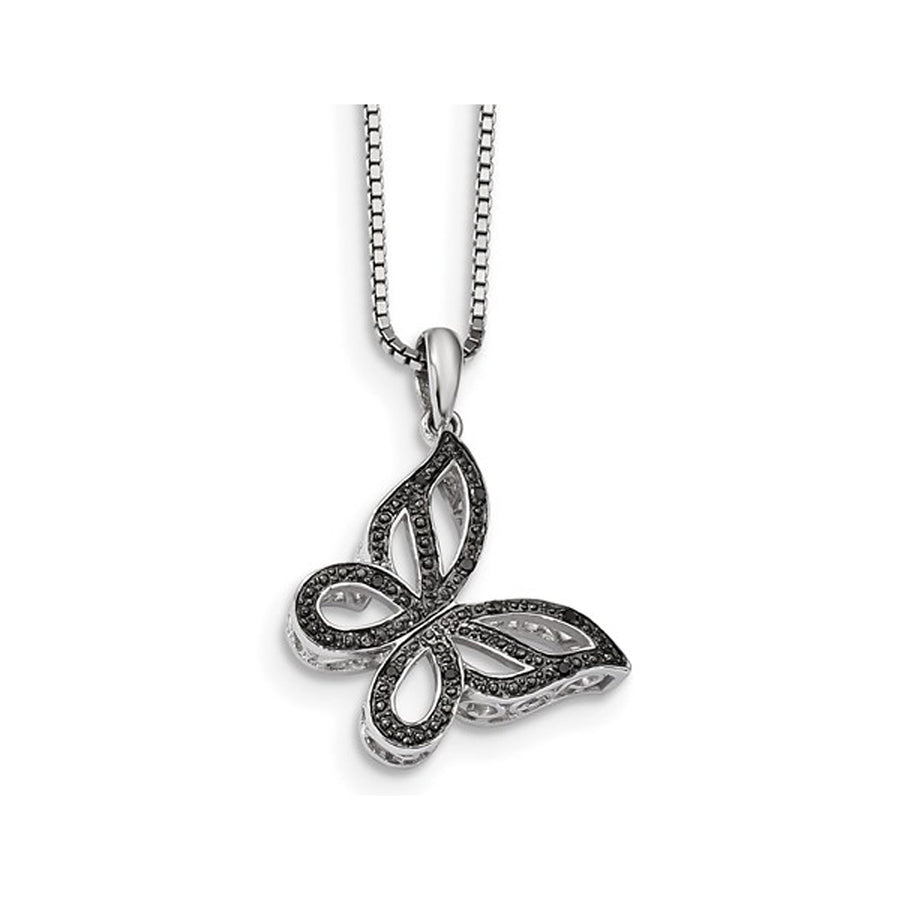 Black Accent Diamond Butterfly Pendant Necklace in Sterling Silver with Chain Image 1