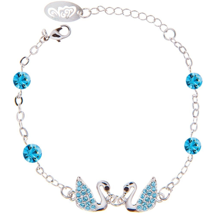 Matashi Rhodium Plated Bracelet with Loving Swans Design with Lobster Clasp and fine Ocean Blue Crystals Image 1