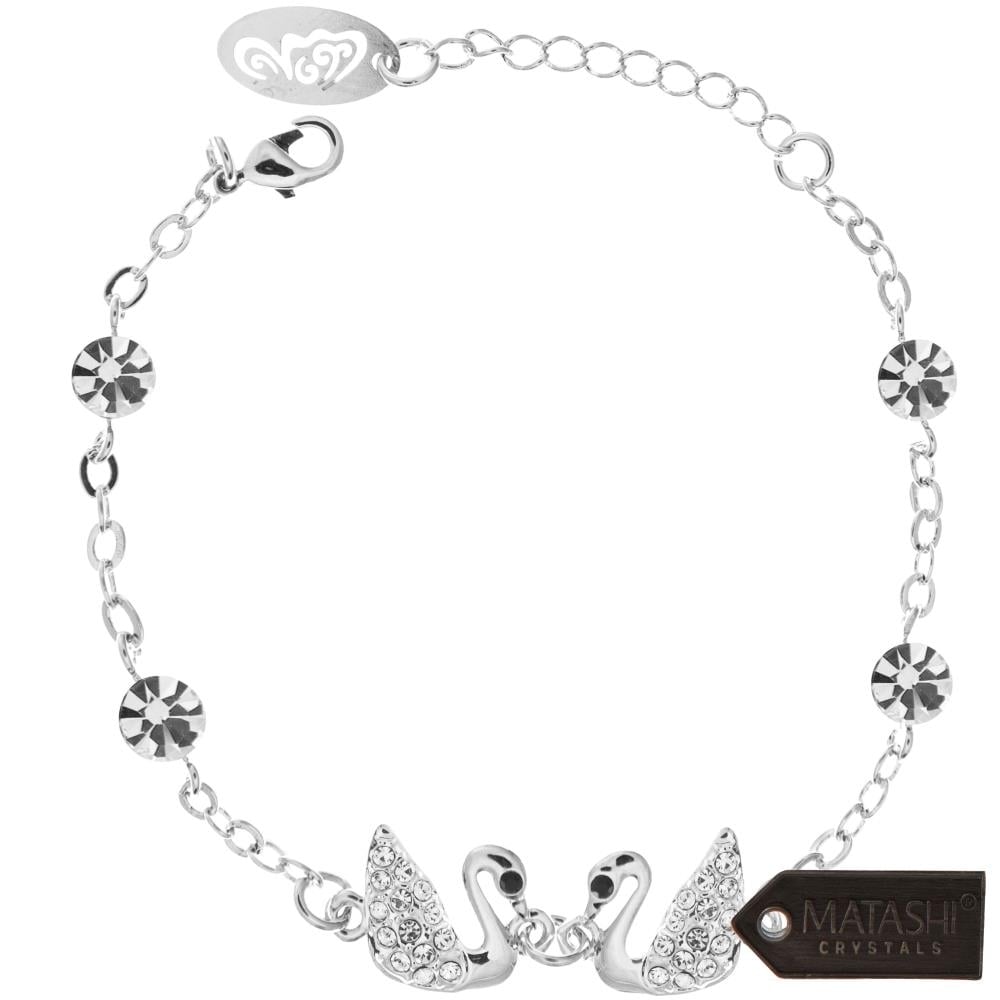 Matashi Rhodium Plated Bracelet w/ Loving Swans Design with Lobster Clasp and fine Clear Crystals Image 3