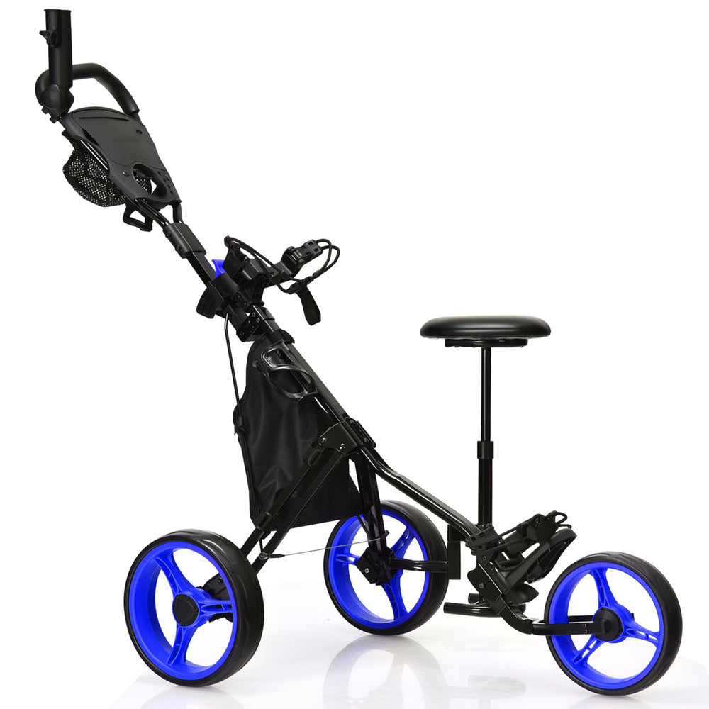 3-Wheel Foldable Golf Push Pull Cart Trolley w/ Seat Adjustable Handle Image 2