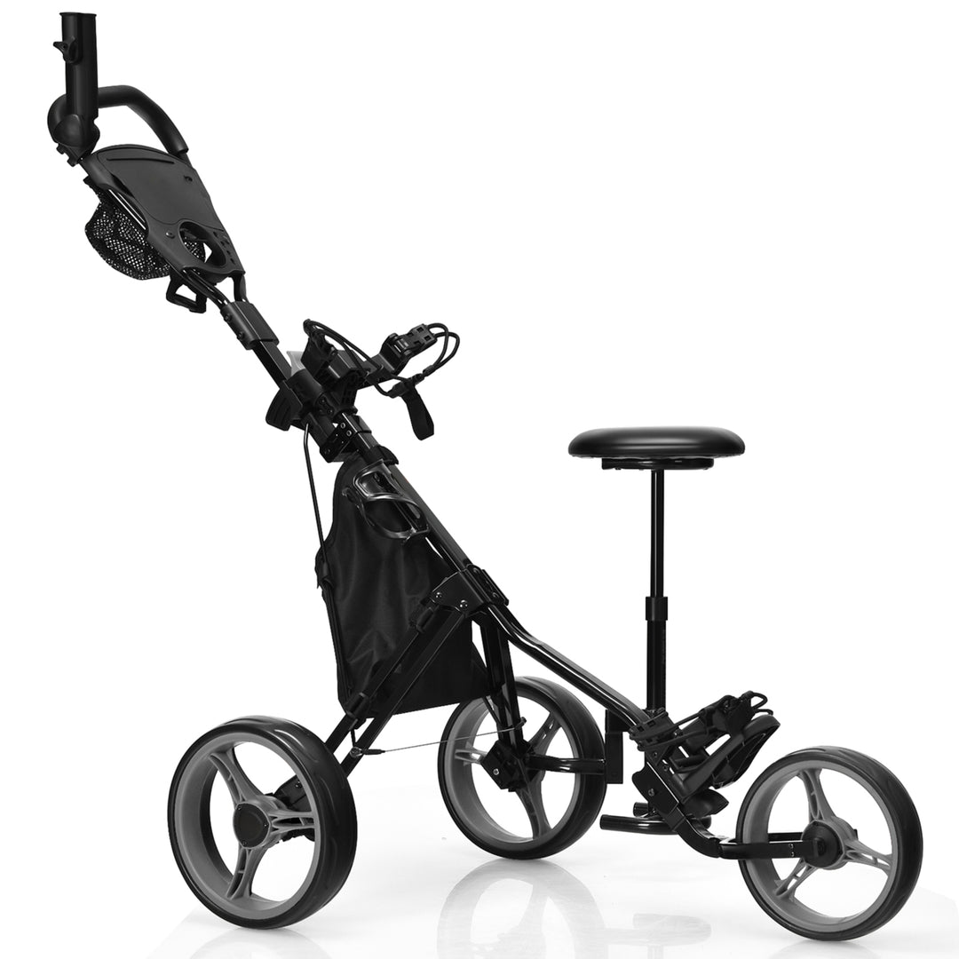 3-Wheel Foldable Golf Push Pull Cart Trolley w/ Seat Adjustable Handle Image 3