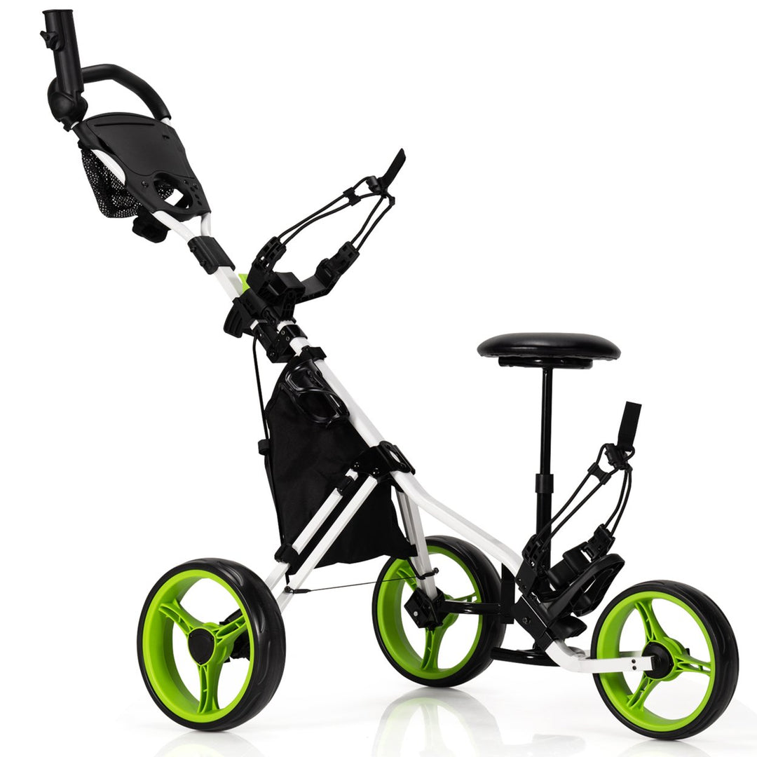 3-Wheel Foldable Golf Push Pull Cart Trolley w/ Seat Adjustable Handle Image 1