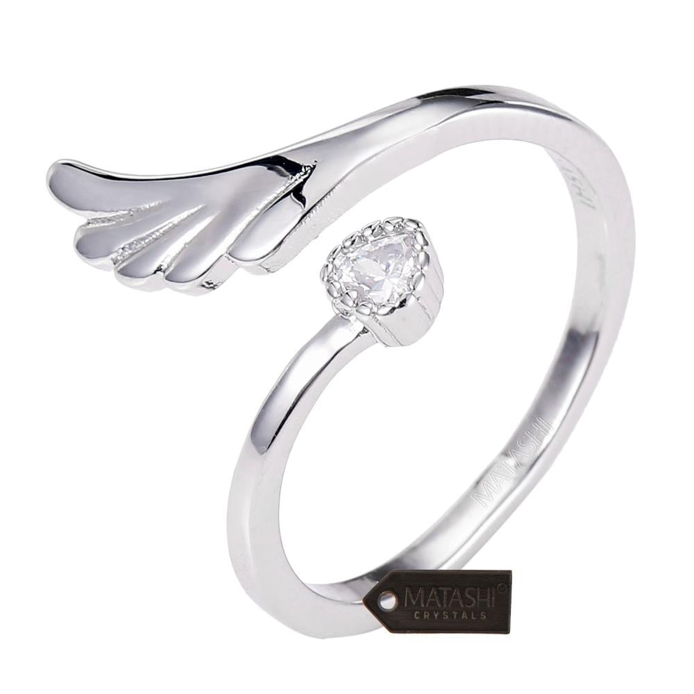 Matashi Rhodium Plated Wrap Ring With Wing and Beautiful CZ Stone Size 6  - Comfy Fit and Elegant Feel For Every Woman Image 3