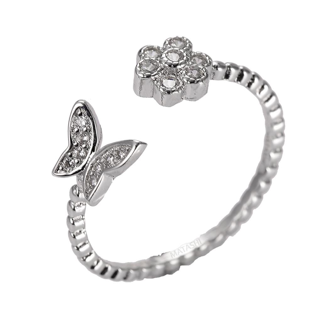 Matashi Rhodium Plated Flower Butterfly Zircon Open Ring for Women - Open Cocktail Rose Ring Fashion Jewelry  Size 6 Image 3