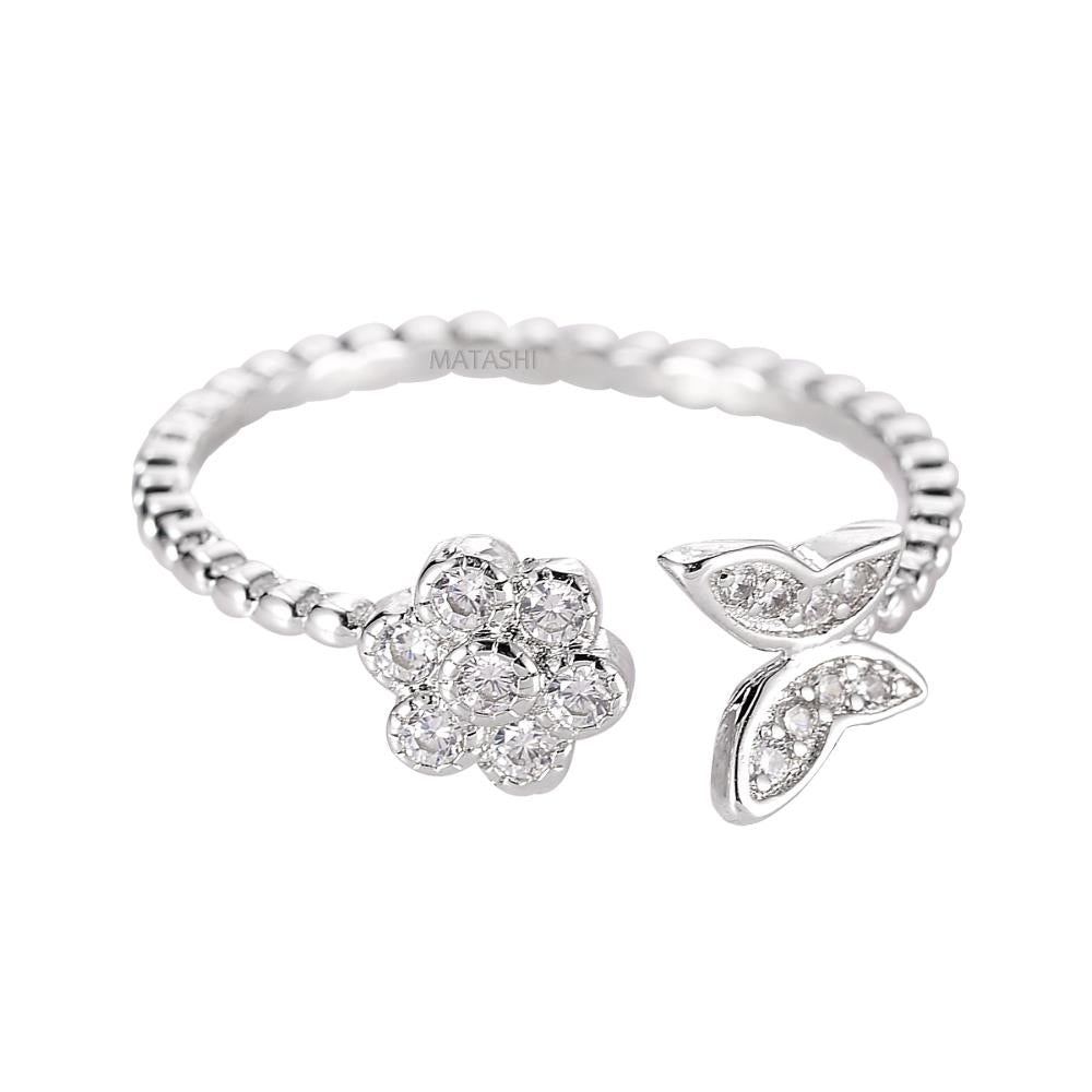 Matashi Rhodium Plated Flower Butterfly Zircon Open Ring for Women - Open Cocktail Rose Ring Fashion Jewelry  Size 6 Image 4