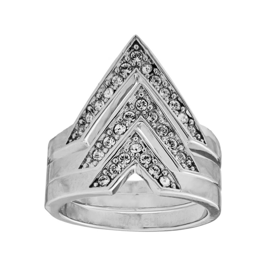 (Set of 3) Matashi 18k White Gold Plated Ring with Elegant Triple V Chevron Design with Sparkling Crystals  Size 7 Image 1
