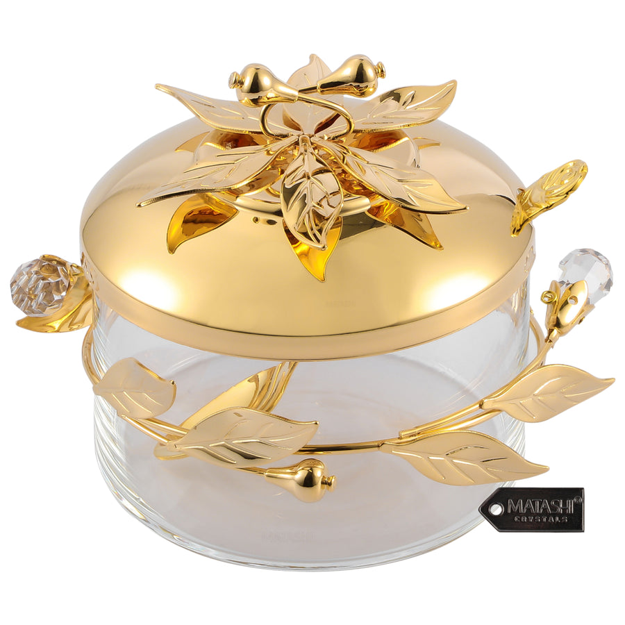 Matashi 24K Gold Plated Sugar BowlHoney DishCandy Dish Glass Bowl Flower and Vine Design w/ Spoon Gift for Christmas Image 1