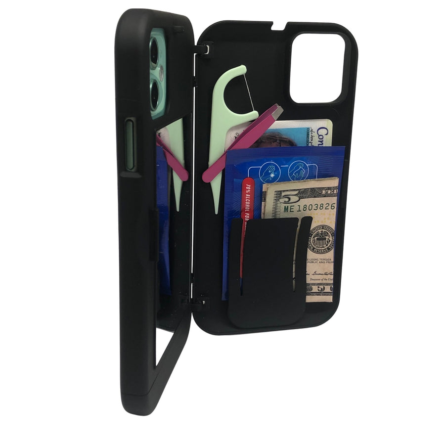 All in case - iPhone XR and iPhone 11 Wallet Storage Case - Card Holder - with Mirror and Attachable Strap Image 1