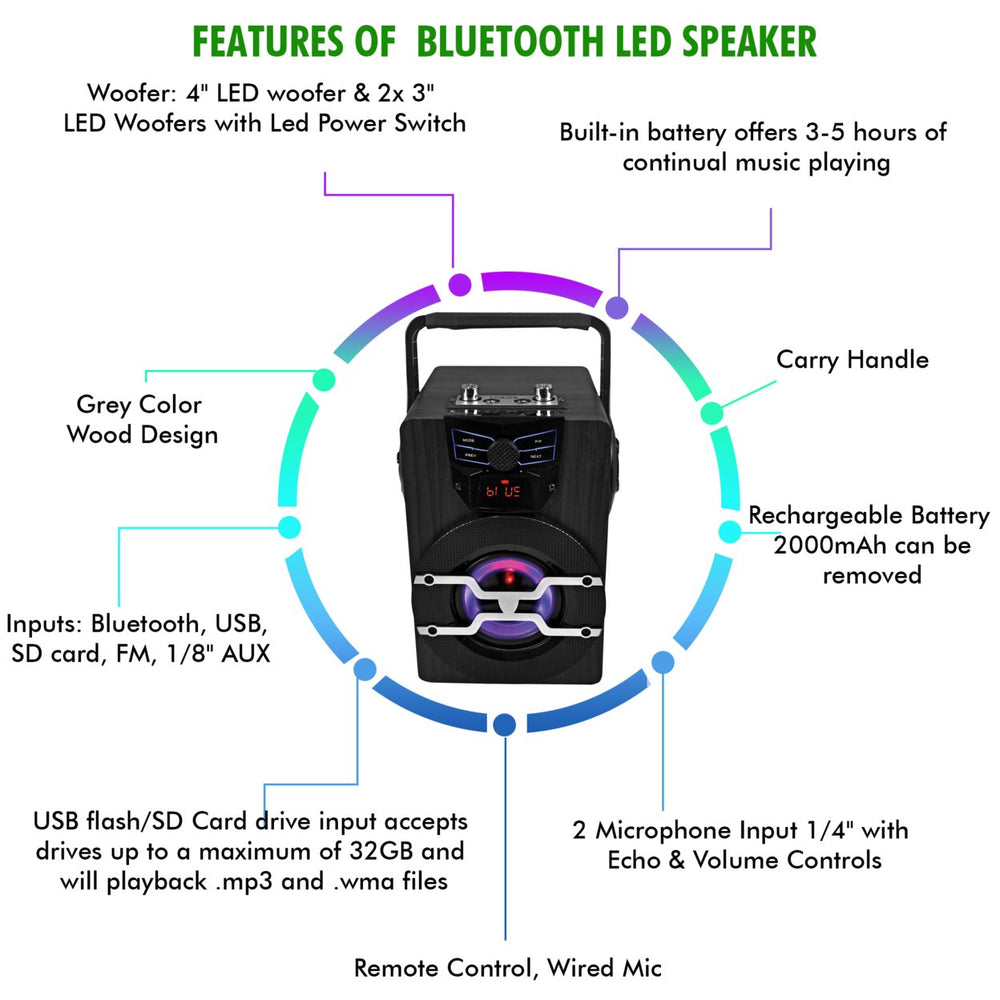 Technical Pro Rechargeable 420 watts Portable Bluetooth LED Speaker w/ USBSD cardFM1/8" AUX2 Microphone InputRemote Image 2