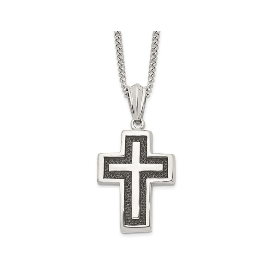 Mens Stainless Steel Cross Pendant Necklace with Chain (24 Inches) Image 1