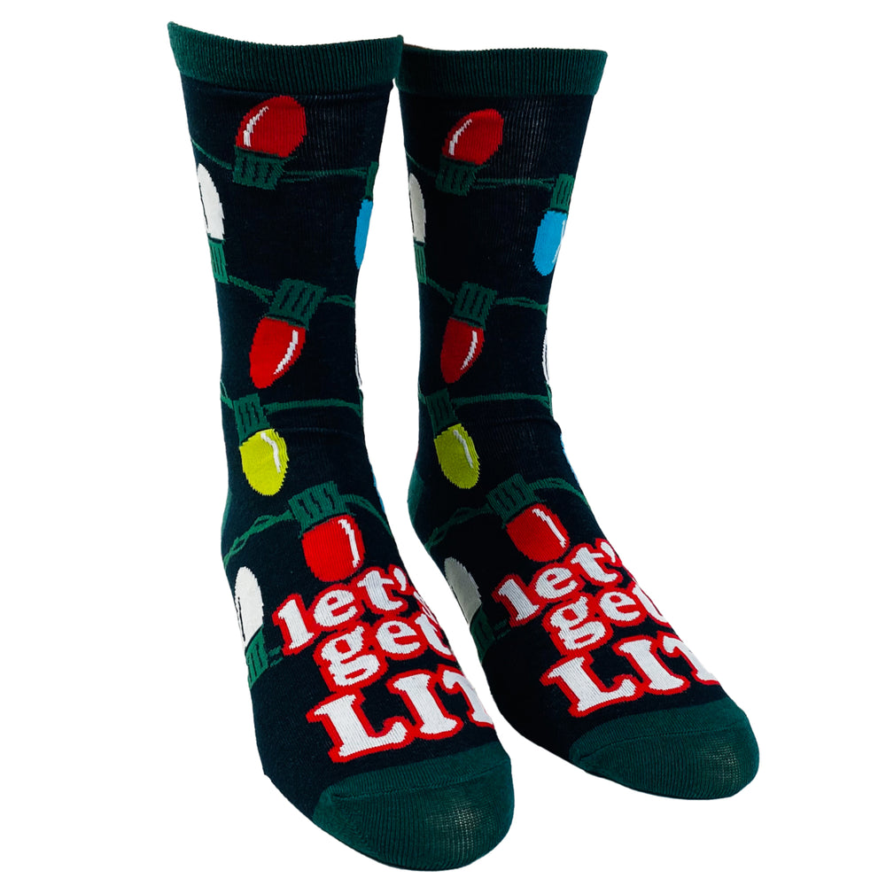 Womens Lets Get Lit Socks Funny Christmas Lights Holiday Tree Novelty Footwear Image 2