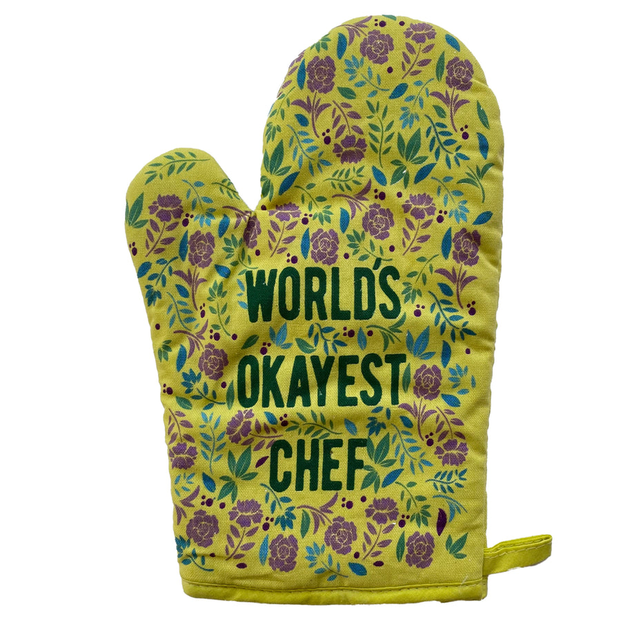 Worlds Okayest Chef Oven Mitt Funny Cooking Floral Kitchen Glove Gag Gift Image 1