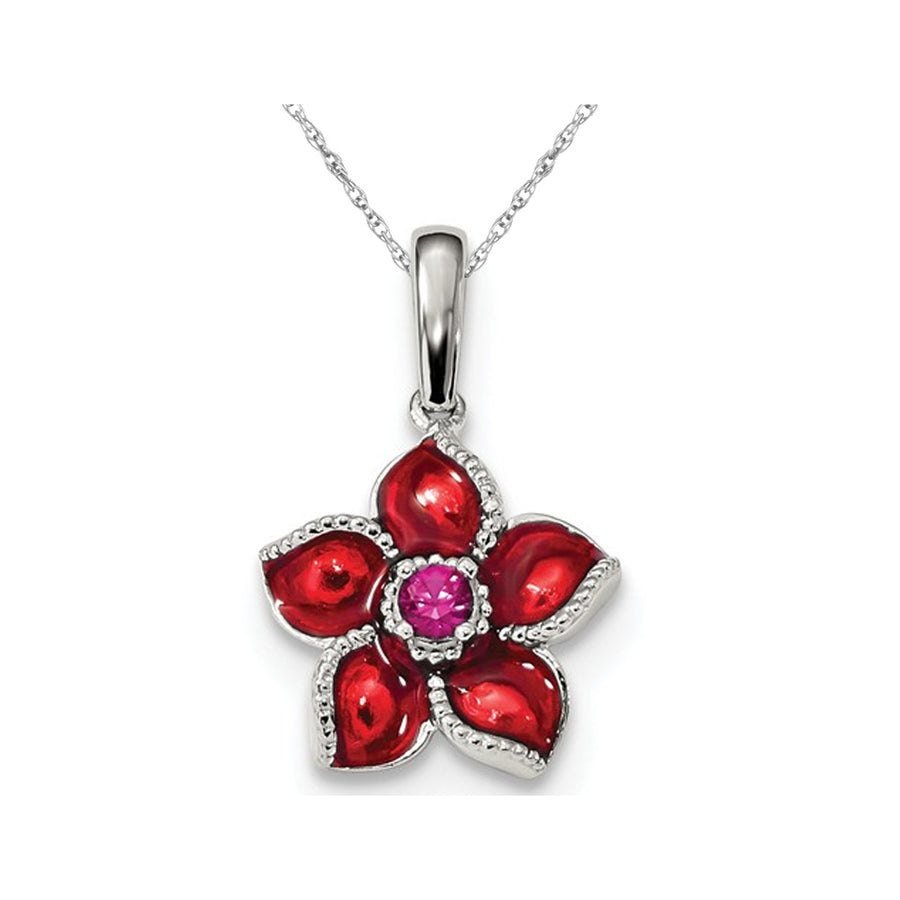 Lab-Created Ruby and Red Enamel Flower Charm Pendant Necklace in Sterling Silver with Chain Image 1
