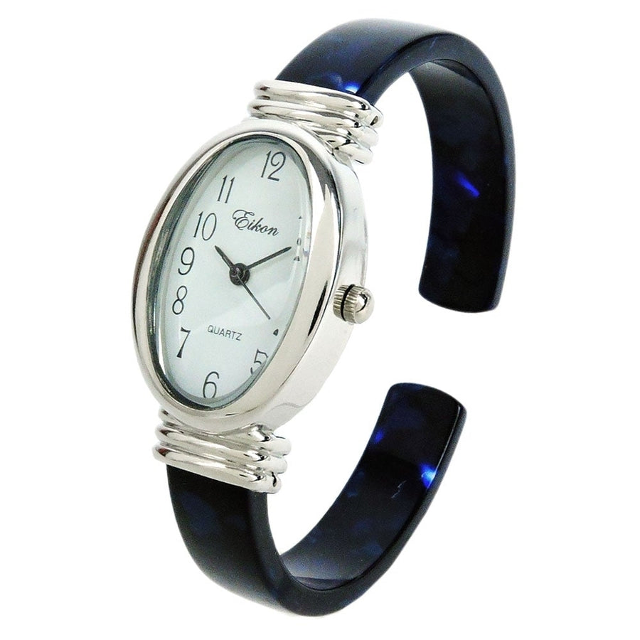 Blue Acrylic Band with Silver Oval Case Womens Bangle Cuff WATCH Image 1
