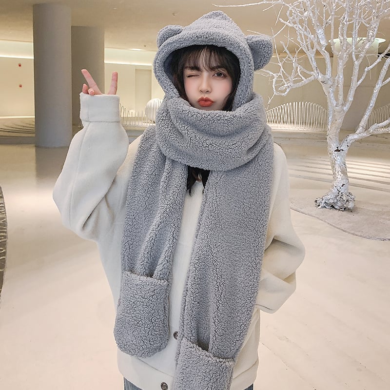 Three Pieces Of Plush Scarf Hooded Warm Gloves Image 1