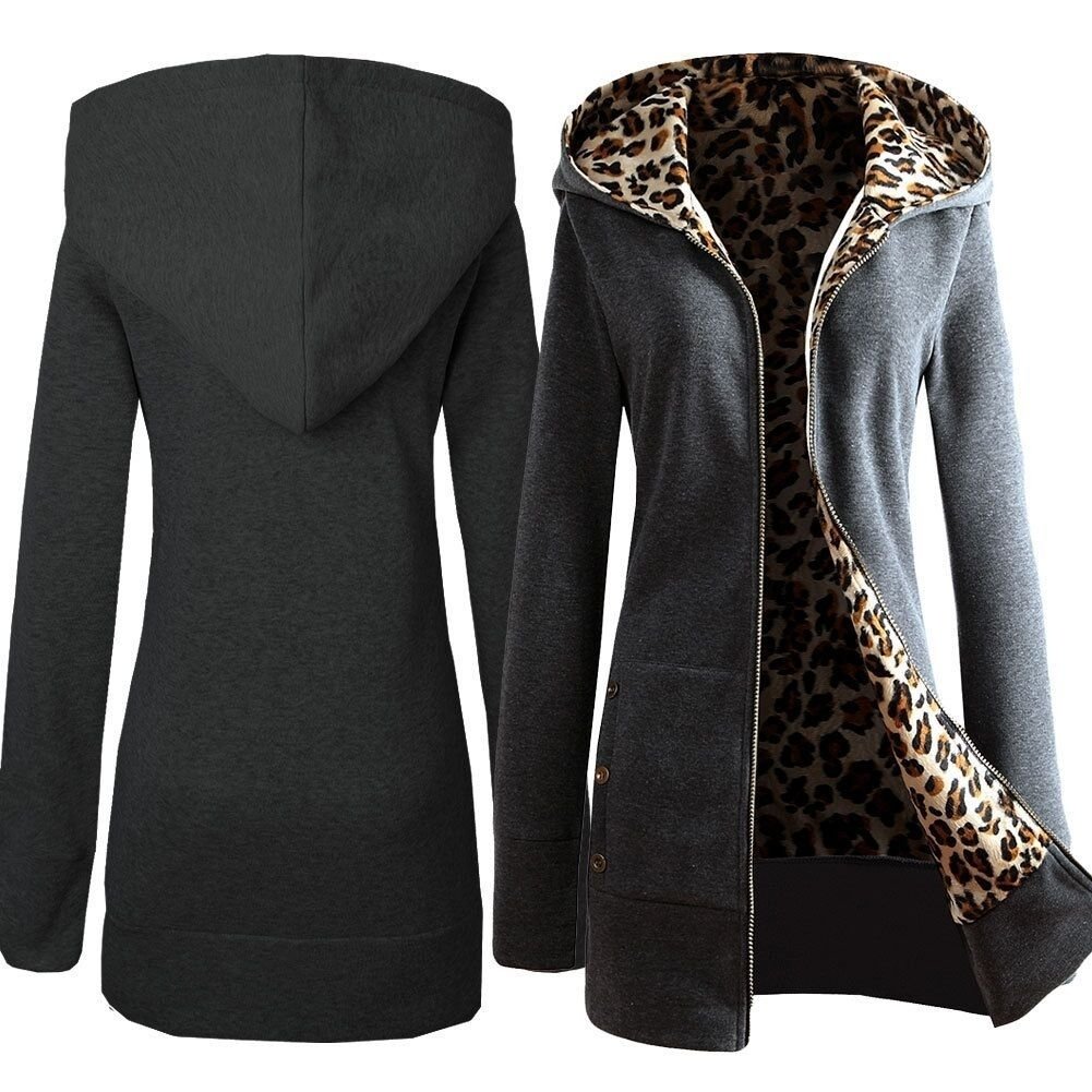 Hooded Leopard Print Sweater Women Plus Velvet Jacket Image 1