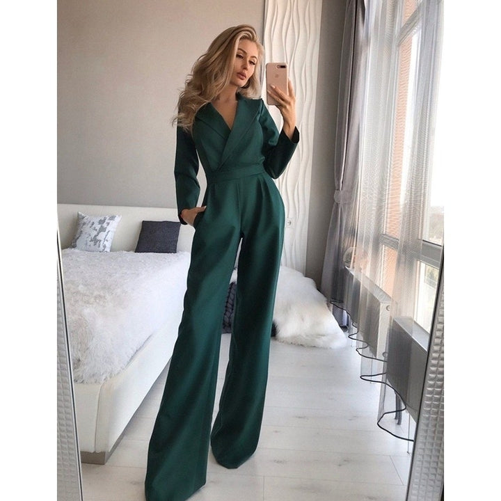 Long-sleeved Slim-fit Jumpsuit Solid Color Trousers Image 4