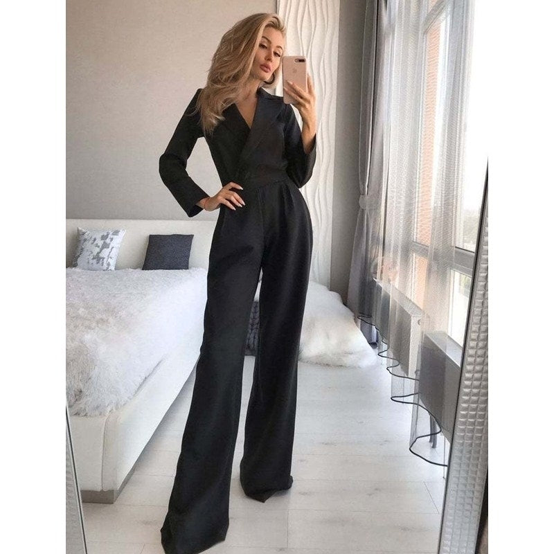 Long-sleeved Slim-fit Jumpsuit Solid Color Trousers Image 6