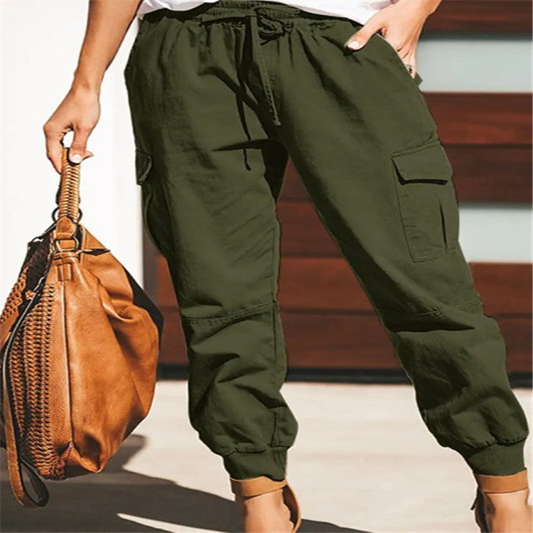 Womens Solid Color Casual Pocket Cargo Trousers Image 4