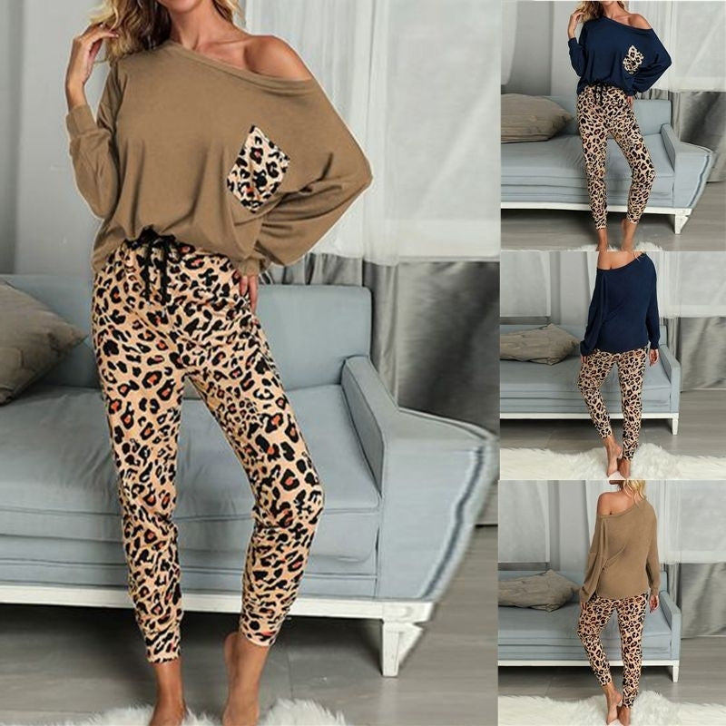 Ladies Leopard Print Long Sleeve Trousers Two-Piece Set Image 1