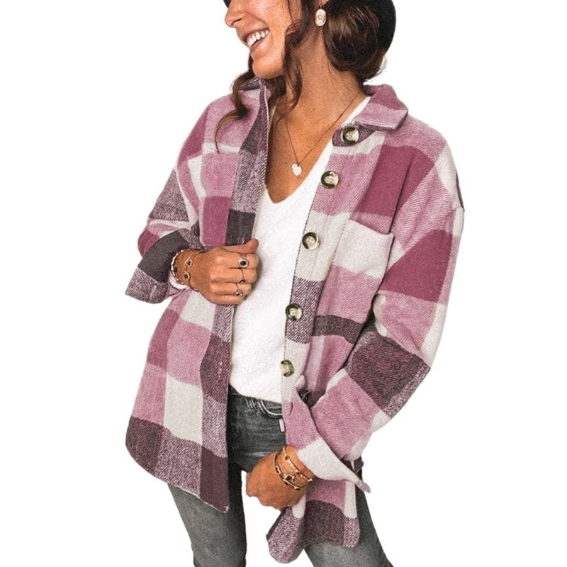 Womens Plaid Shirts Long Sleeve Lapel Button Down Cardigan Image 3