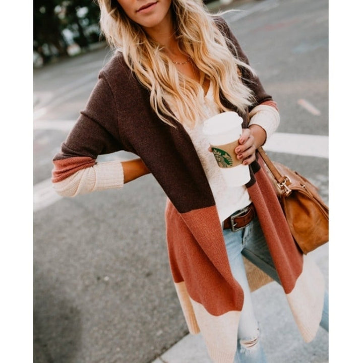 Womens Boho Open Front Cardigan Colorblock Long Sleeve Loose Knit Lightweight Sweaters Image 3
