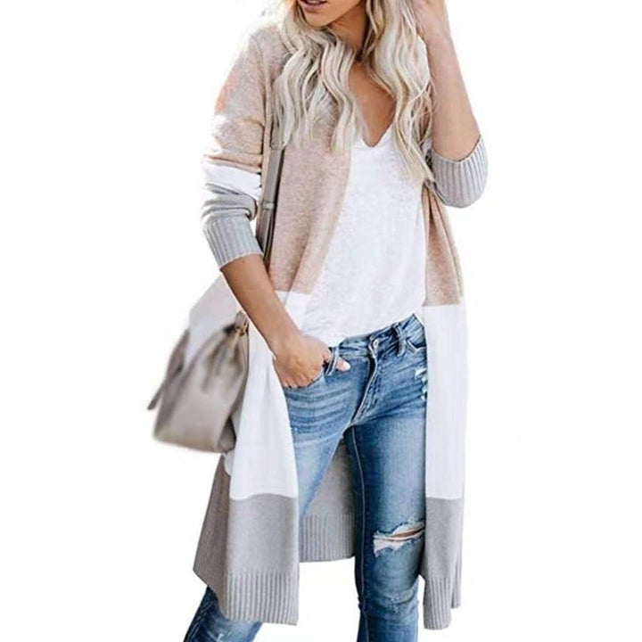 Womens Boho Open Front Cardigan Colorblock Long Sleeve Loose Knit Lightweight Sweaters Image 1