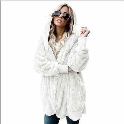 Womens Fuzzy Fleece Open Front Hooded Cardigan Jackets Sherpa Coat with Pockets Image 1