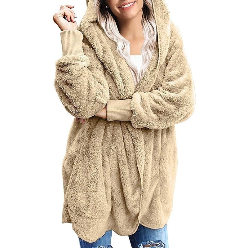 Womens Fuzzy Fleece Open Front Hooded Cardigan Jackets Sherpa Coat with Pockets Image 3