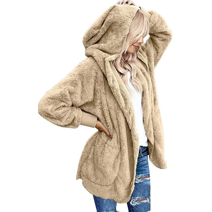 Womens Fuzzy Fleece Open Front Hooded Cardigan Jackets Sherpa Coat with Pockets Image 11