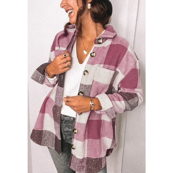 Womens Long Sleeve Plaid Shirts Flannel Lapel Button Down Jacket Image 3