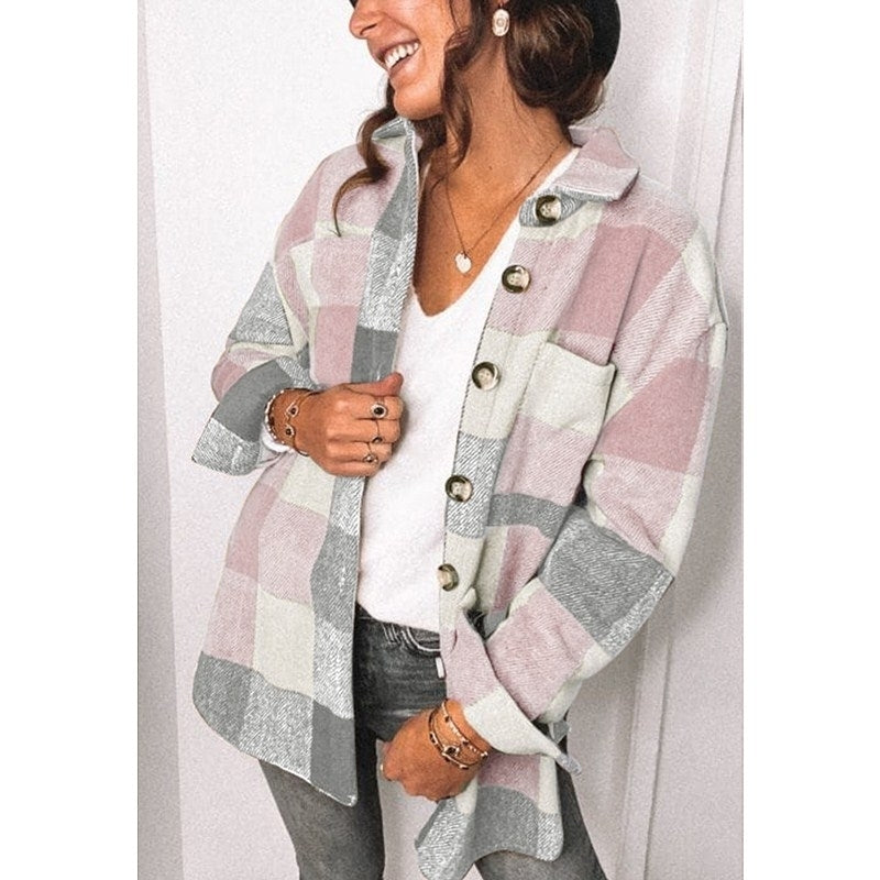 Womens Long Sleeve Plaid Shirts Flannel Lapel Button Down Jacket Image 4