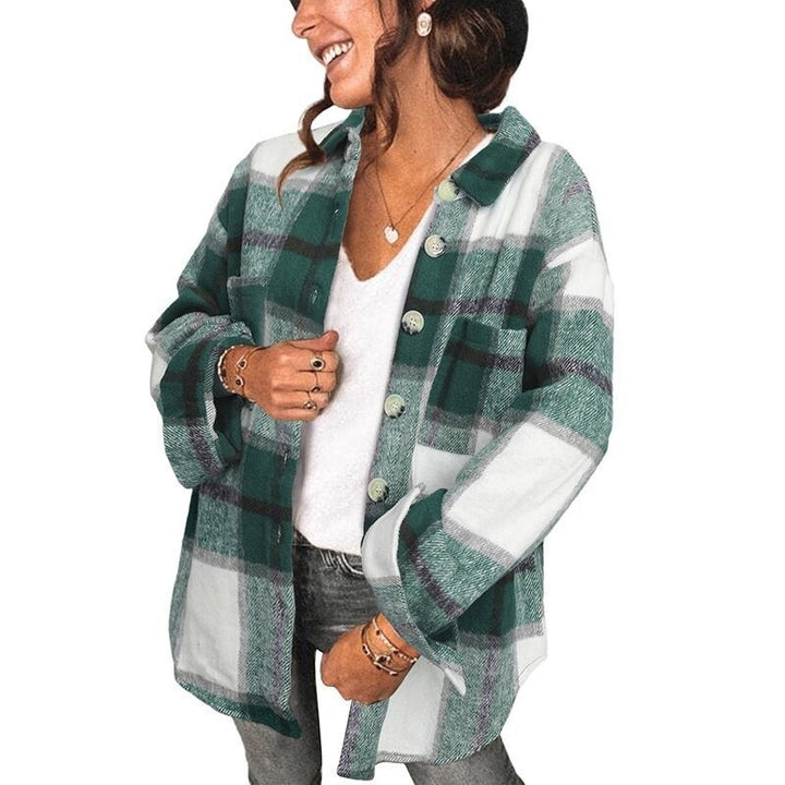 Womens Long Sleeve Plaid Shirts Flannel Lapel Button Down Jacket Image 7