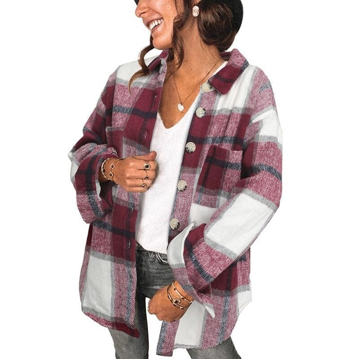 Womens Long Sleeve Plaid Shirts Flannel Lapel Button Down Jacket Image 8