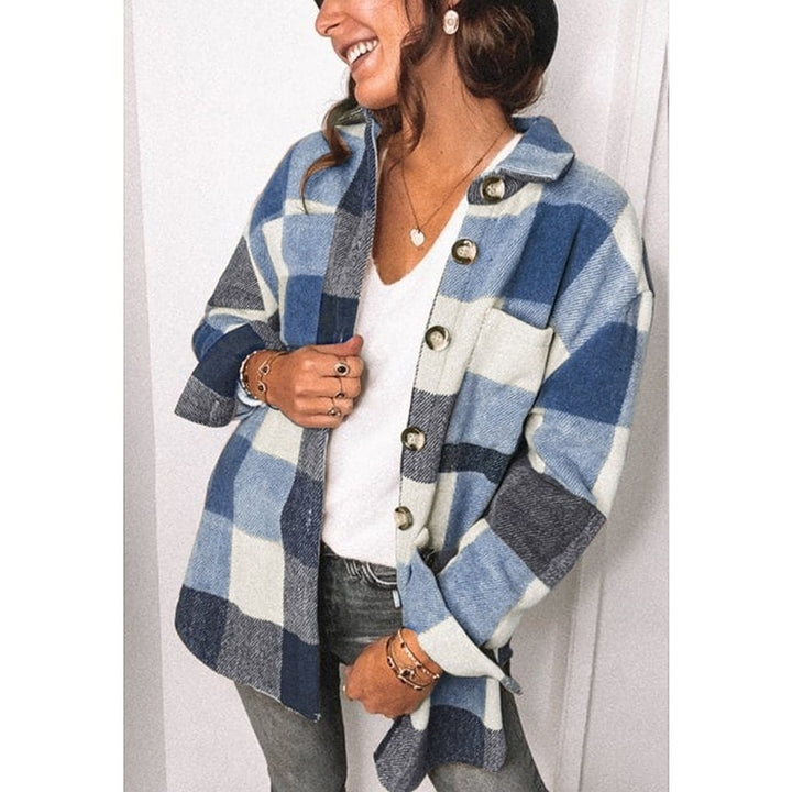 Womens Long Sleeve Plaid Shirts Flannel Lapel Button Down Jacket Image 9